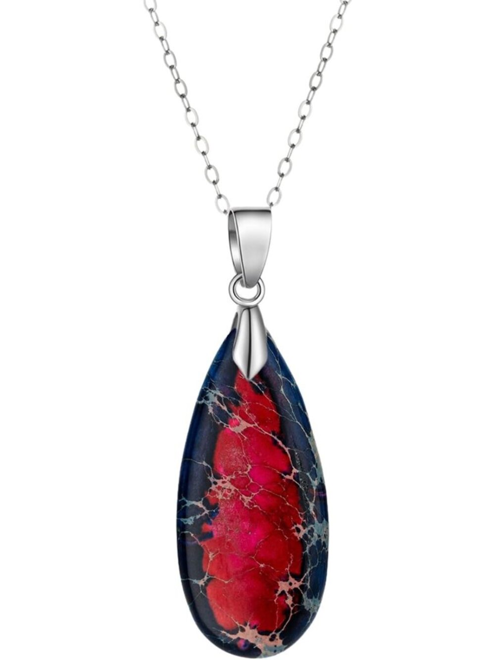 Natural Imperial Jasper Pendant Necklace, Waterdrop Shape, Boho 925 Silver, 18